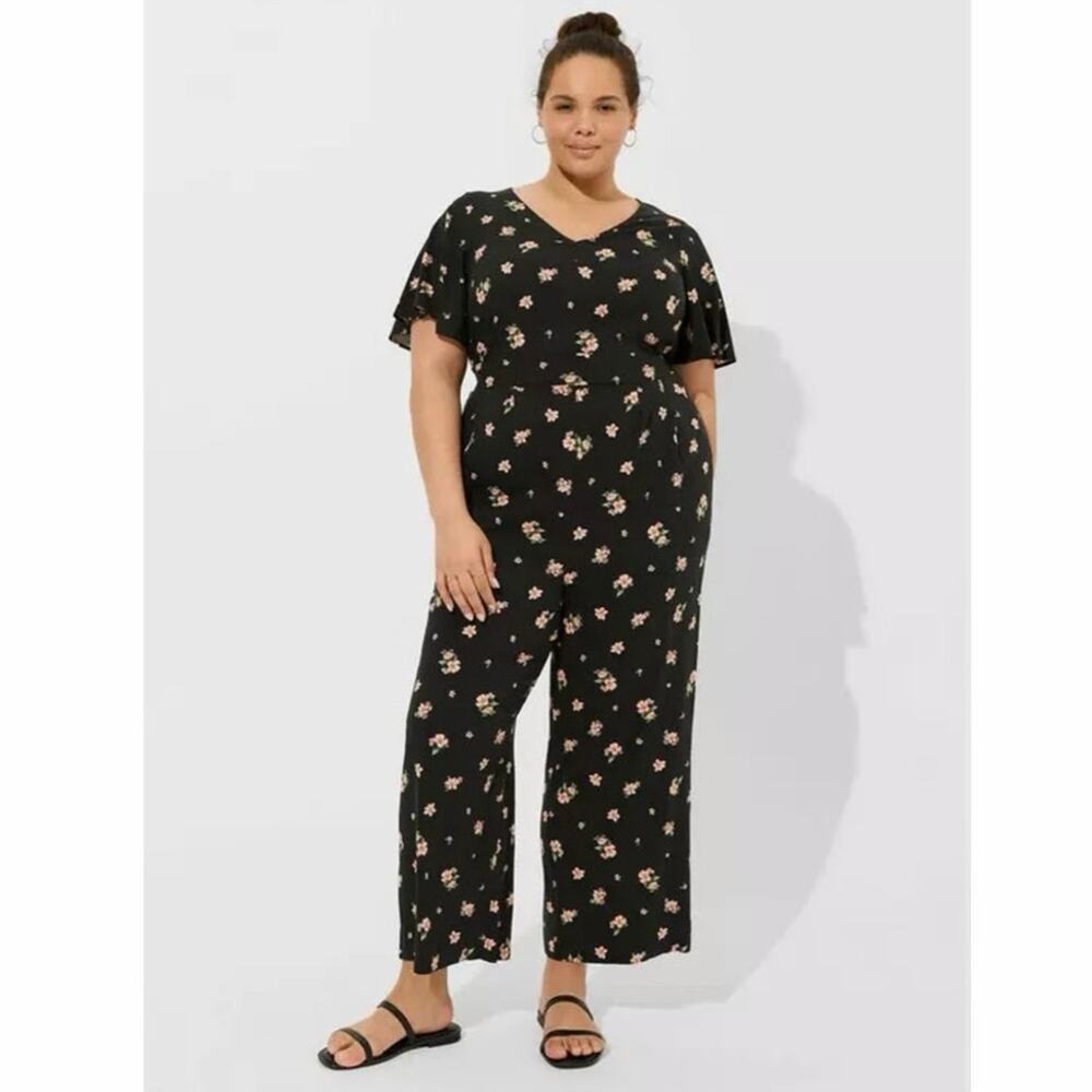 TORRID Black Floral Flutter Sleeve Jumpsuit Plus Size 1 V-Neck Wide Leg Boho - Picture 4 of 10